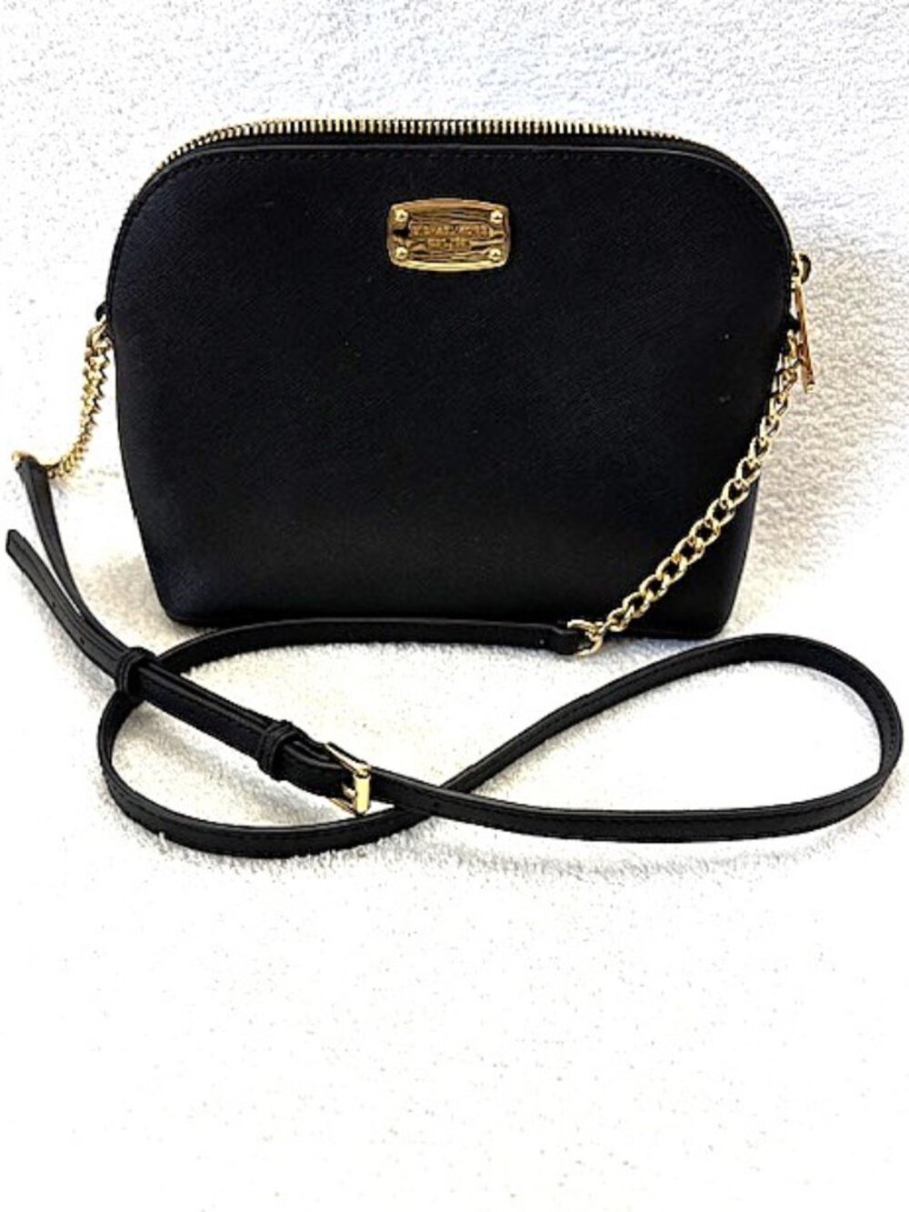 Michael Kors Crossgrain black leather crossbody with polished gold tone hardware